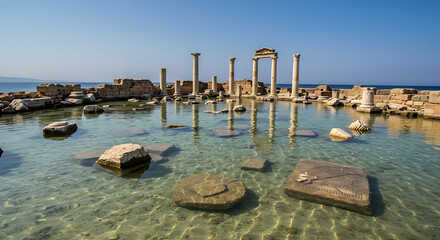 Photograph a partially collapsed ancient brick temple or building in a wide green field. Emphasize the contrast between nature’s softness and the rigid, decaying brick.

