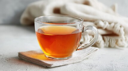  Clear glass of apple cider in minimalist style, clean white table emphasizes autumn hues.