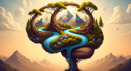 Surreal Artistic Representation of Brain Shaped From Twisting Trees, Rivers, Mountains and Nature Elements Showing Mind-Nature Interconnection