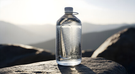 Transparent One-Gallon Water Bottle With Condensation Droplets On Outdoor Rock Surface Under Morning Sunlight, Mountains in Background