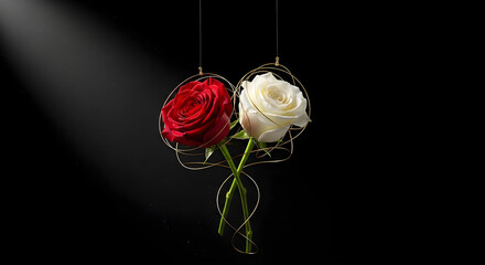Two Roses Intertwined With Gold Wire Suspended Midair Against Black Background With Floating Dust Particles and Studio Spot Lighting