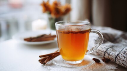  Clear glass of apple cider in minimalist style, clean white table emphasizes autumn hues.