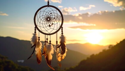 Dream catcher silhouetted against a vibrant sunset over a mountain range