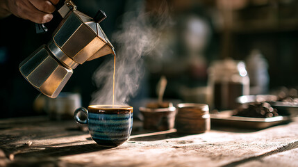 Brewing coffee in a rustic setting with steam rising from a cup and various ingredients nearby