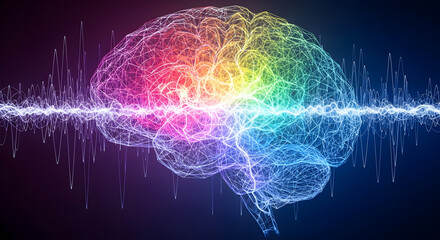 Abstract Digital Art of Brain Made From Glowing Network of Neurons, Synapses Firing, Electric Impulses Across Colored Brain Zones