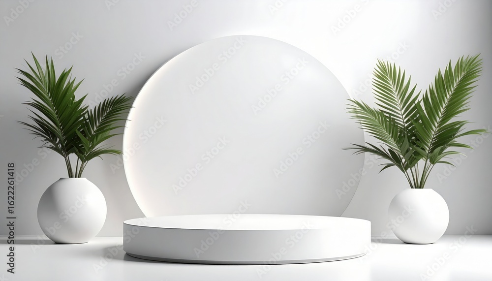 Poster minimalist presentation stage design with circular backdrop and decorative plants studio setting 3d 