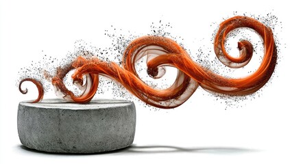 Abstract swirl of orange smoke rising from a gray stone disc