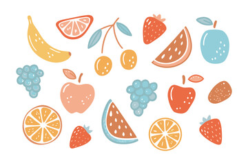 Colorful fruit assortment: A delightful collection of hand-drawn illustrations showcases the vibrant diversity of fruits, inviting viewers to embrace health and freshness