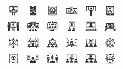 Illustration of various video conferencing and online meeting icons displayed in a grid format