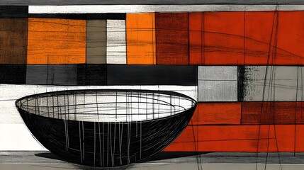 Abstract Geometric Bowl Still Life Painting Red Orange Black