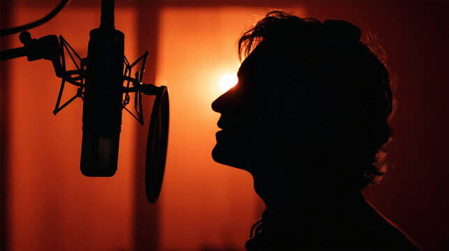 A close-up on a professional, silver studio microphone. In the soft-focus background, the silhouette of a person wearing headphones is visible, suggesting a podcaster or ASMRtist at work.