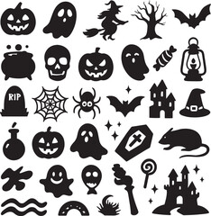Halloween Silhouette Icon Set. Spooky Vector Elements of Ghosts, Pumpkins, Witches, Bats, and More