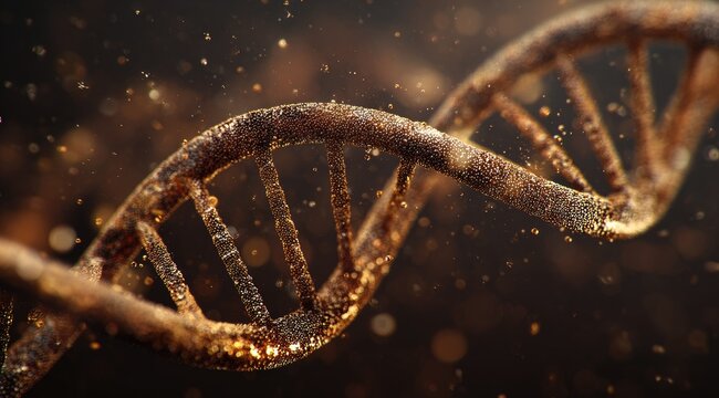 A close-up of a bronze-toned DNA helix against a dark background with sparkling particles