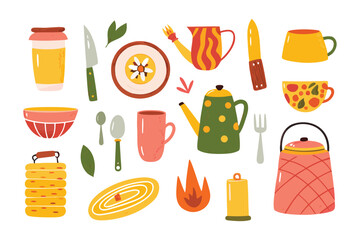 Kitchen utensils set: Colorful illustrations of various kitchen utensils including cups, kettle, jar, knives and other essential tools for food preparation. 