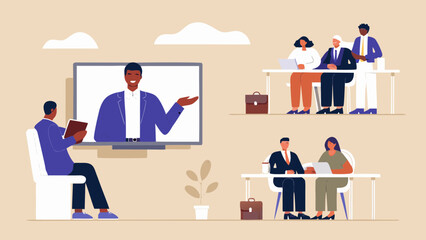 People attending a virtual meeting with a presenter on a screen and clouds in the background above