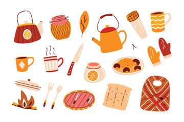 Cozy Gathering: Assorted kitchen items and food, presented in a cheerful cartoon illustration, ideal for projects that evoke feelings of warmth, comfort, and home.