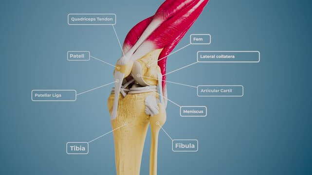 3D rendering of human raising knee, zooming into joint anatomy with labeled tendons, bones, ligaments, and cartilage. Ideal for medical, scientific, and educational use
