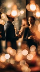 A group of people socializing indoors, enjoying a drink.
