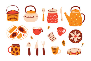 Culinary Harmony: A vibrant collection of hand-drawn kitchenware including teapot, dishes, and utensils in a playful, inviting style.