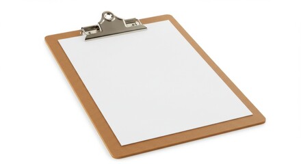Wooden clipboard with blank white paper, isolated on a white background