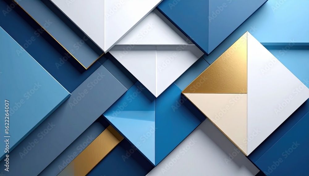 Poster dynamic geometric shapes and patterns displayed in blue gold and white abstract design modern aesthe