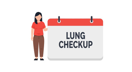 A woman stands next to a calendar reminding viewers about a lung checkup, promoting health awareness.