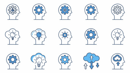 Collection of head profiles containing gears, lightbulbs, and clouds representing ideas and innovation