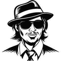 Illustrated man wearing sunglasses and fedora displays retro confidence in stark black and white