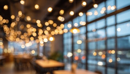 Blurred interior of a cafe with warm lighting and city view