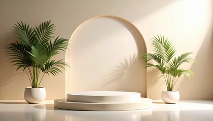 Modern minimalist stage display with green plants in a bright indoor environment for events and presentations