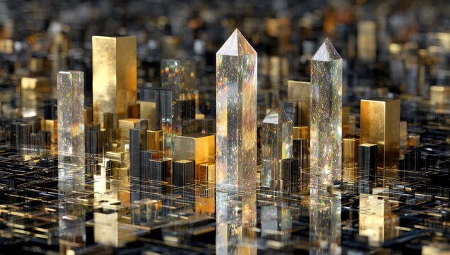A futuristic city, constructed of gold, crystal, and dark materials - Powered by Adobe