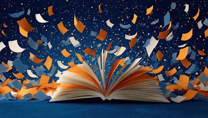 Open book with pages flying, vibrant colors against a dark starry night background