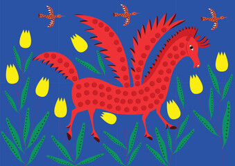Illustration of a red dragon with yellow flowers on a blue background