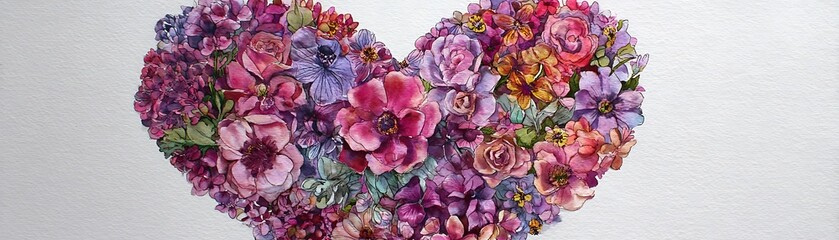 Heart-shaped arrangement of various flowers in shades of purple, pink, and red.