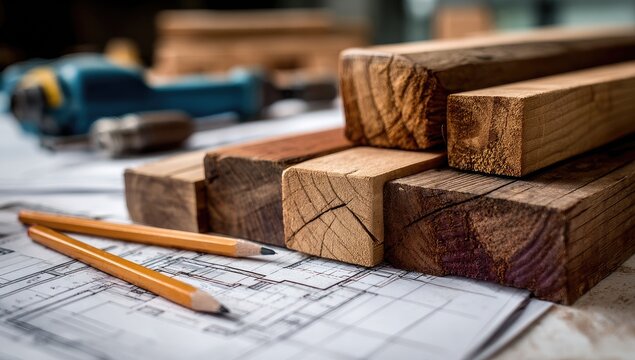 Wood blocks, blueprints, and tools.  Stacked, varying shades of light and dark wood, resting on architectural plans.  Two pencils lie alongside.  A power drill is partially visible in the background