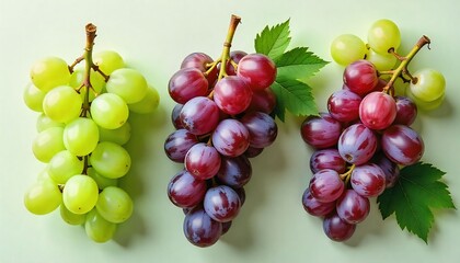 Obraz premium A composition of fresh grapes (green and purple) a clean arrangement. The background is empty (transparent or plain white), no shadows, no reflections. Top-down view. Realistic style with high detail.