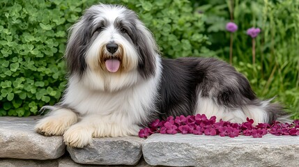 Adorable Bearded Collie Dog Relaxing in Garden with Purple Flowers