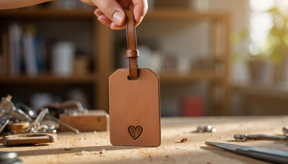 **Hand-Stamped Leather Keychain with Imperfect Heart Imprint on Craftsman's Workbench with Copy Space**  