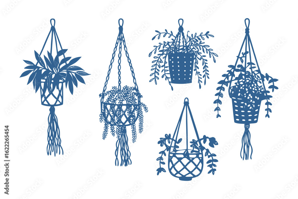 Aufkleber hanging plants in indigo sketch: a collection of five indigo sketches portrays an array of diverse p