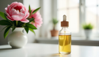 Transparent glass dropper bottle filled with golden oil on tabletop near vase with pink flowers by a sunlit window with copy space