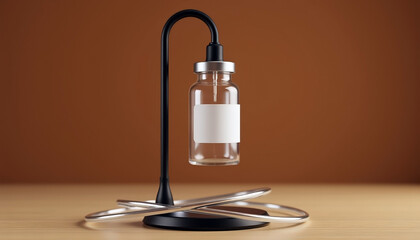 Laboratory glass flask suspended on a modern black metal stand with a white label and intertwined metallic coils in a scientific workspace with copy space