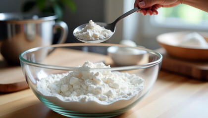 Spoonful of flour held over mixing bowl in kitchen setting symbolizing baking preparation and cooking process with copy space