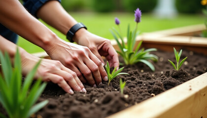 Hands planting green seedlings in a wooden garden bed with purple flowers in the background, outdoors in a lush green garden with copy space