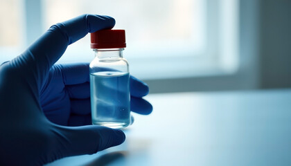 Hand in blue gloves holding small glass vial with red cap filled with clear liquid on a blurred background with copy space