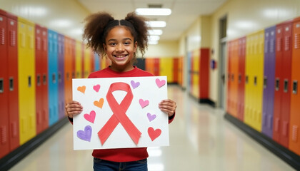 Smiling child holding colorful poster with red ribbon symbolizing awareness and support surrounded by hearts in vibrant school hallway with copy space