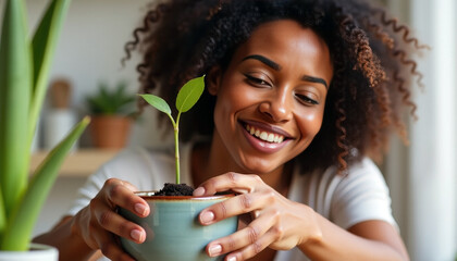 Woman gently handling small green plant in ceramic pot symbolizing growth and nurturing in indoor setting with copy space