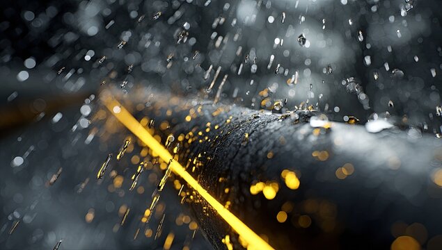 Dark pipe, rain, vibrant yellow light