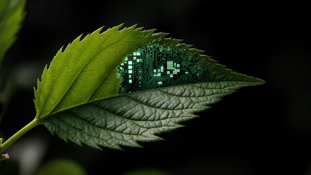 Close-up of green leaf merging into circuit board &ndash; symbol of sustainable technology and bio-innovation