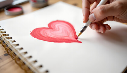 **Torn Notebook Page with Watercolor Heart Bleed on Artist's Studio Table with Copy Space**  