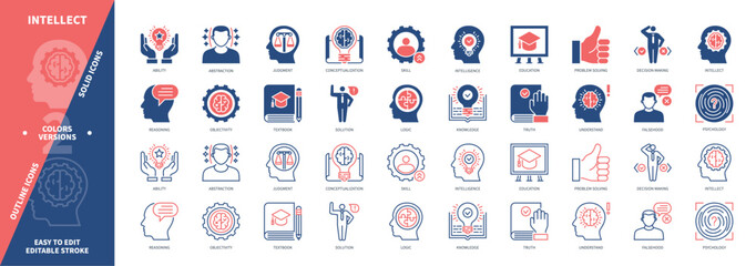 Intellect icon set. Reasoning, Falsehood, Conceptualization, Truth, Abstraction, Solution, Objectivity, Judgment. Duotone color solid and editable outline icons